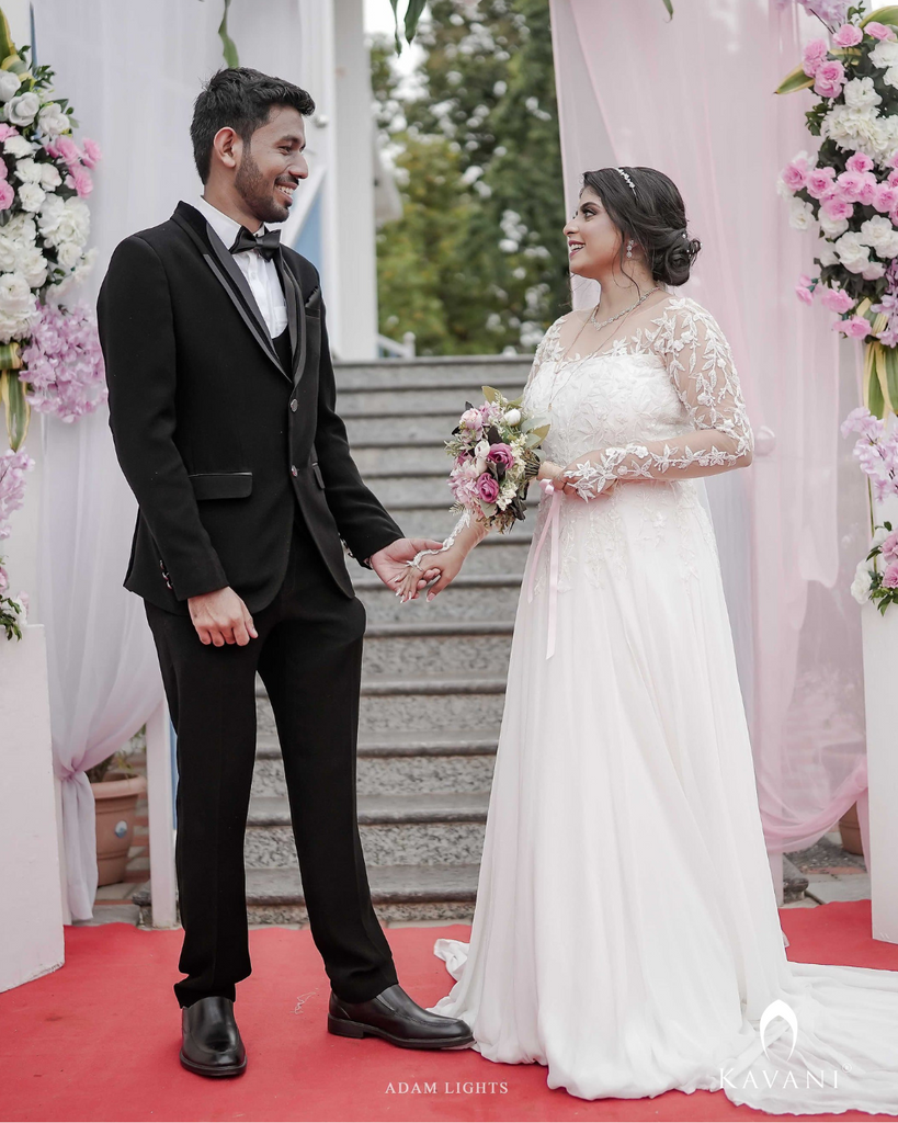 Signature Aline gown in georgette fabric with emblished lace over sleeve and yoke