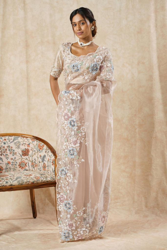 Organza Saree with Hand-Embroidered Border & Blue Sequin Floral Highlights"