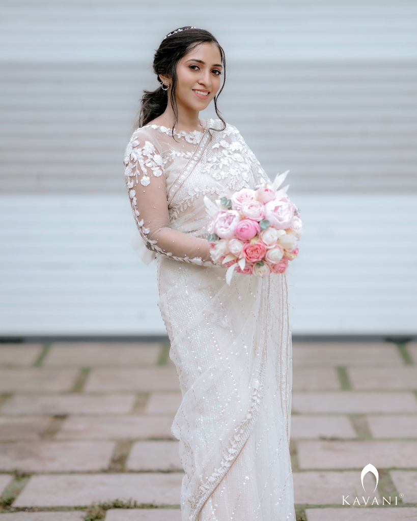 Signature christian bridal saree with intricate lace work and hand embroidery