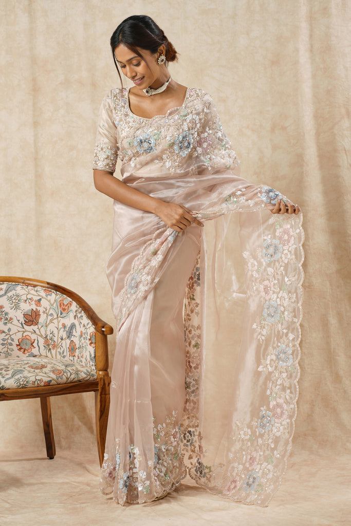 Organza Saree with Hand-Embroidered Border & Blue Sequin Floral Highlights"