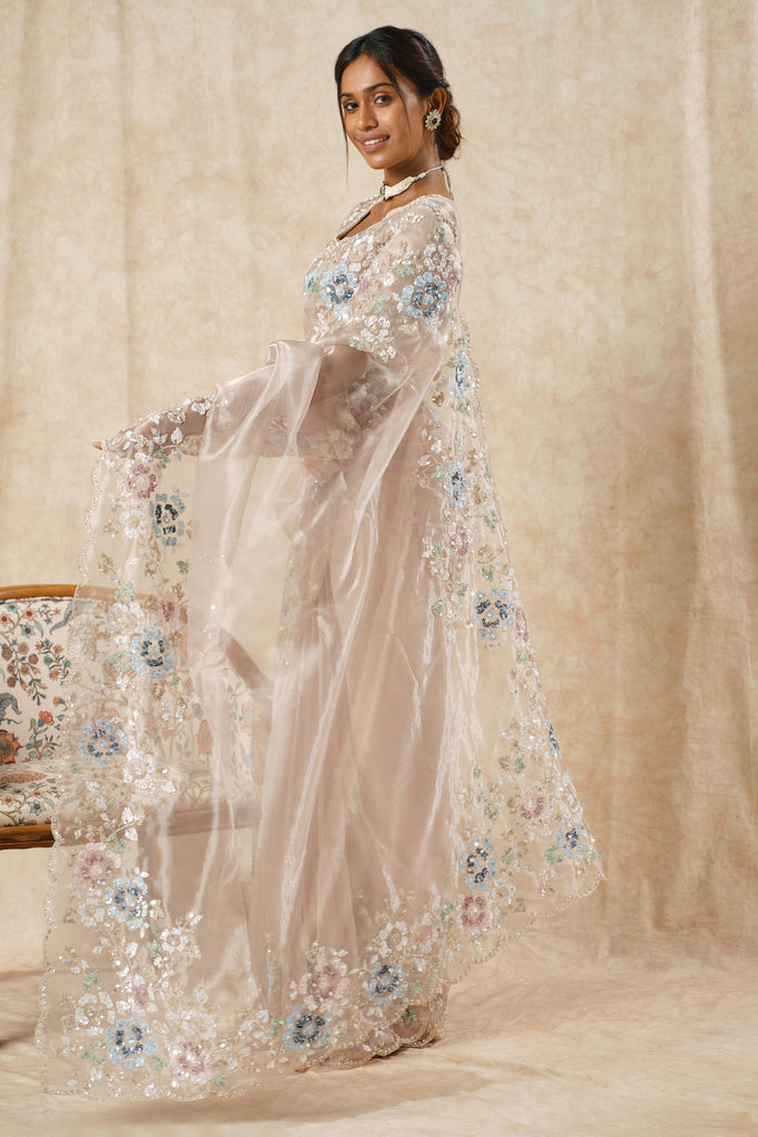 Organza Saree with Hand-Embroidered Border & Blue Sequin Floral Highlights"