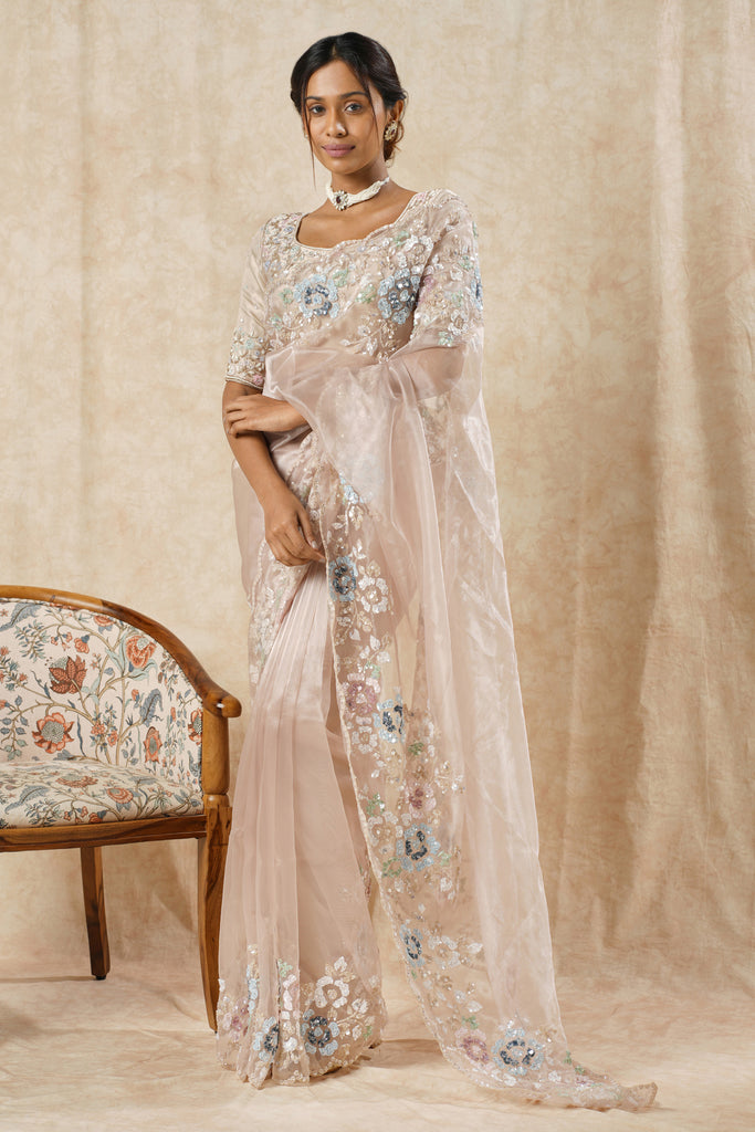 Organza Saree with Hand-Embroidered Border & Blue Sequin Floral Highlights"