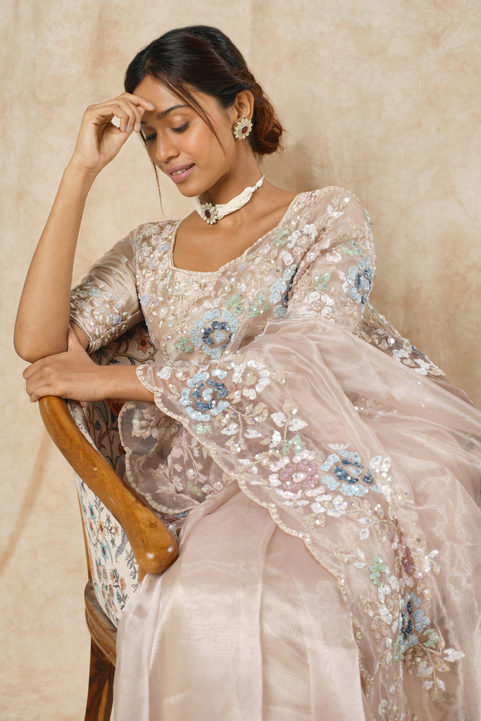 Organza Saree with Hand-Embroidered Border & Blue Sequin Floral Highlights"