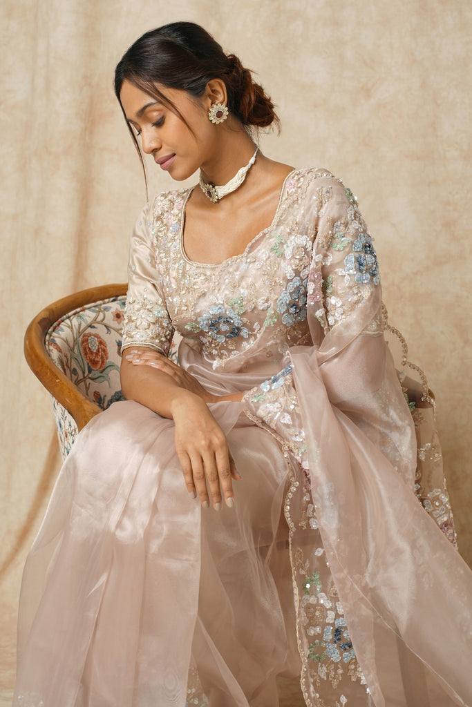 Organza Saree with Hand-Embroidered Border & Blue Sequin Floral Highlights"