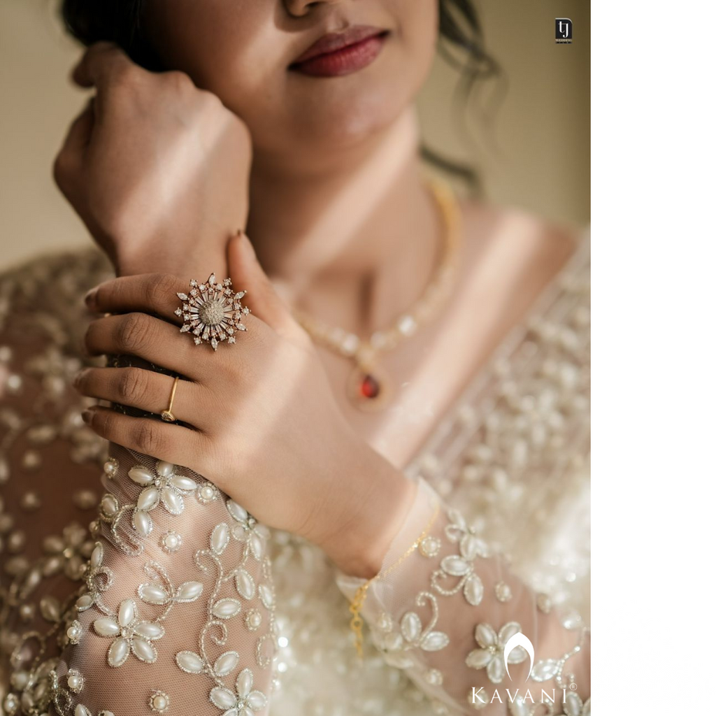 Our beautiful bride in her white bridal saree and elegant and stunning hand embroidery