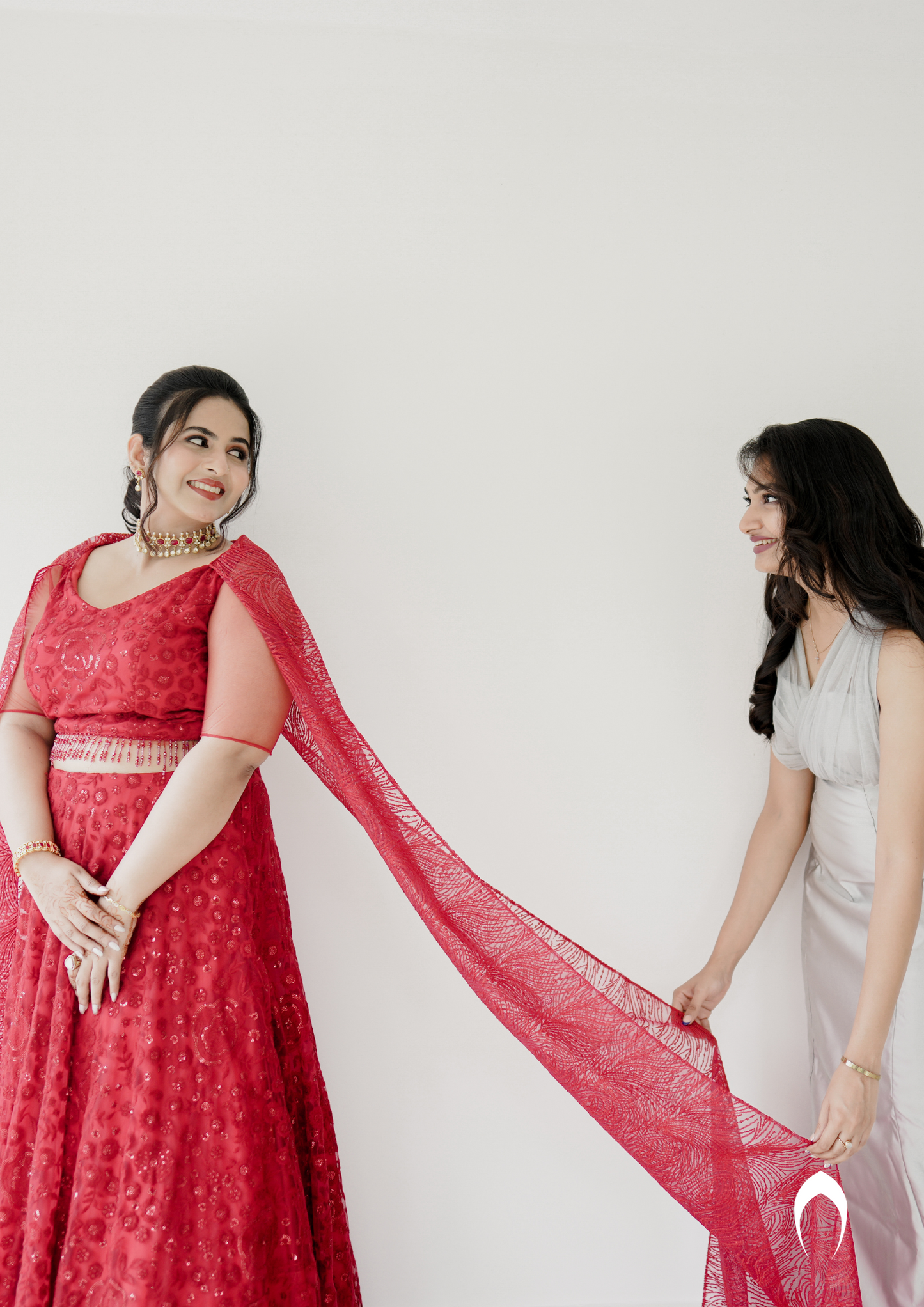 Signature bridal lehanga in bright red with trailing sleeve