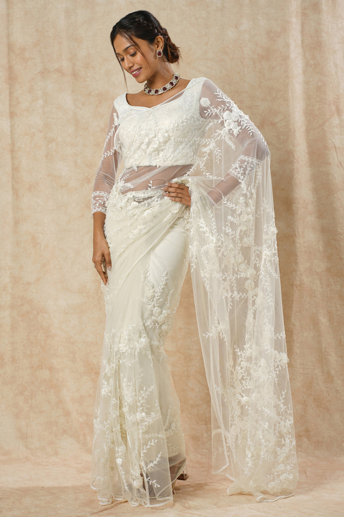 White Net Saree with Floral & Leaf Embroidery