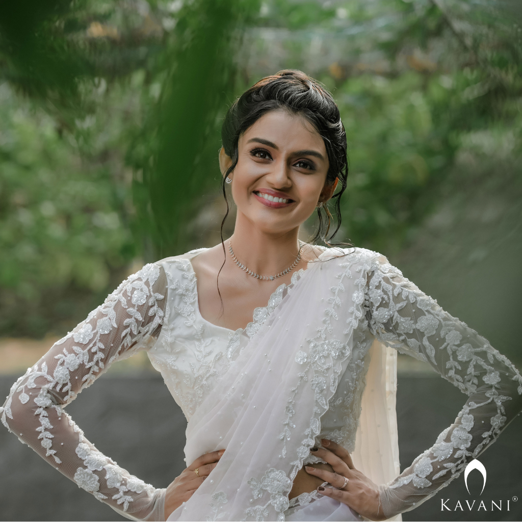 Signature bridal saree in white organza with embellished lace fabric