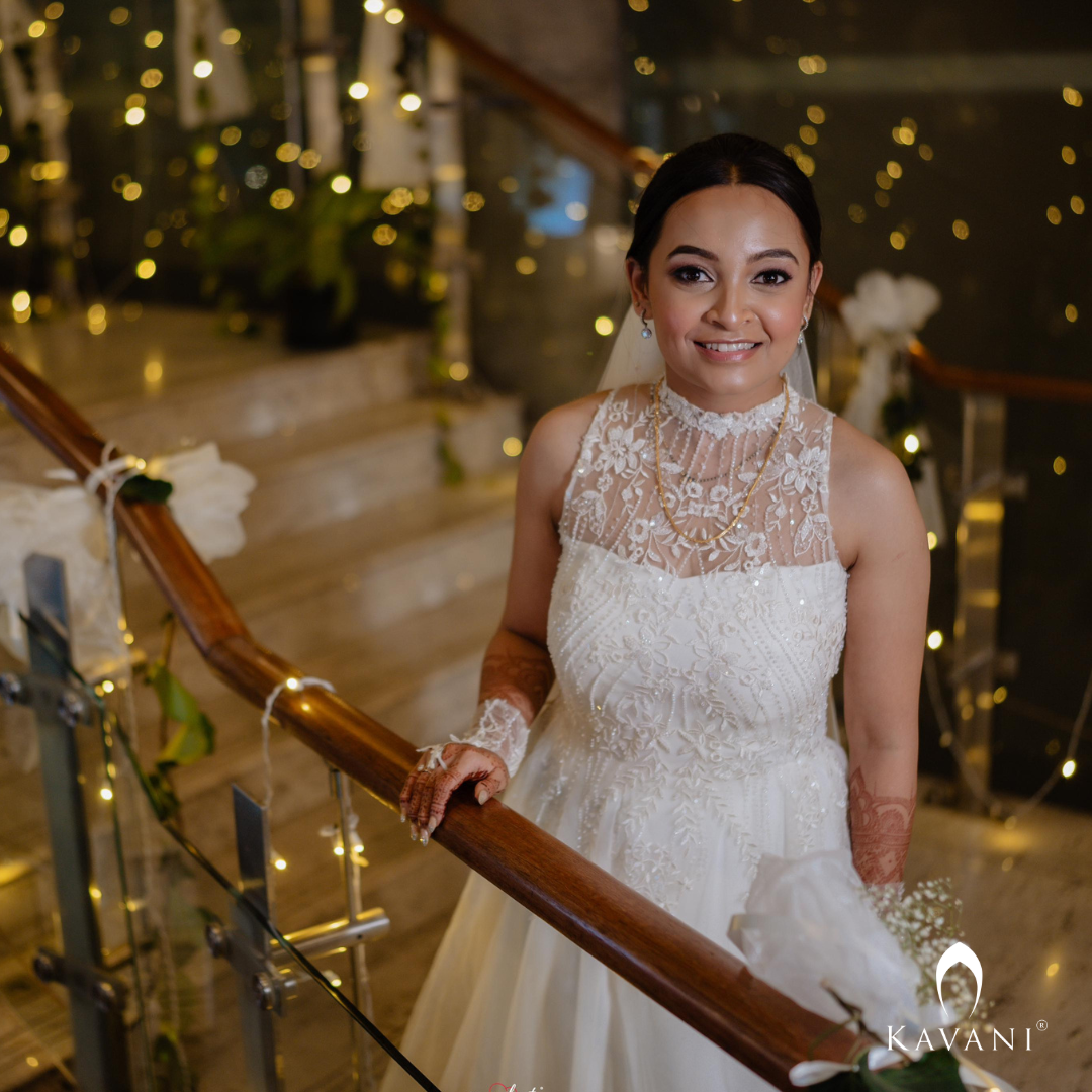 Our bride in stunning looking bridal aline outfit with beautiful alter neck design with stunning lace embroidery