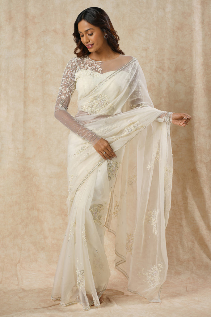 Off-White Net Saree with Leaf & Flower Detailing