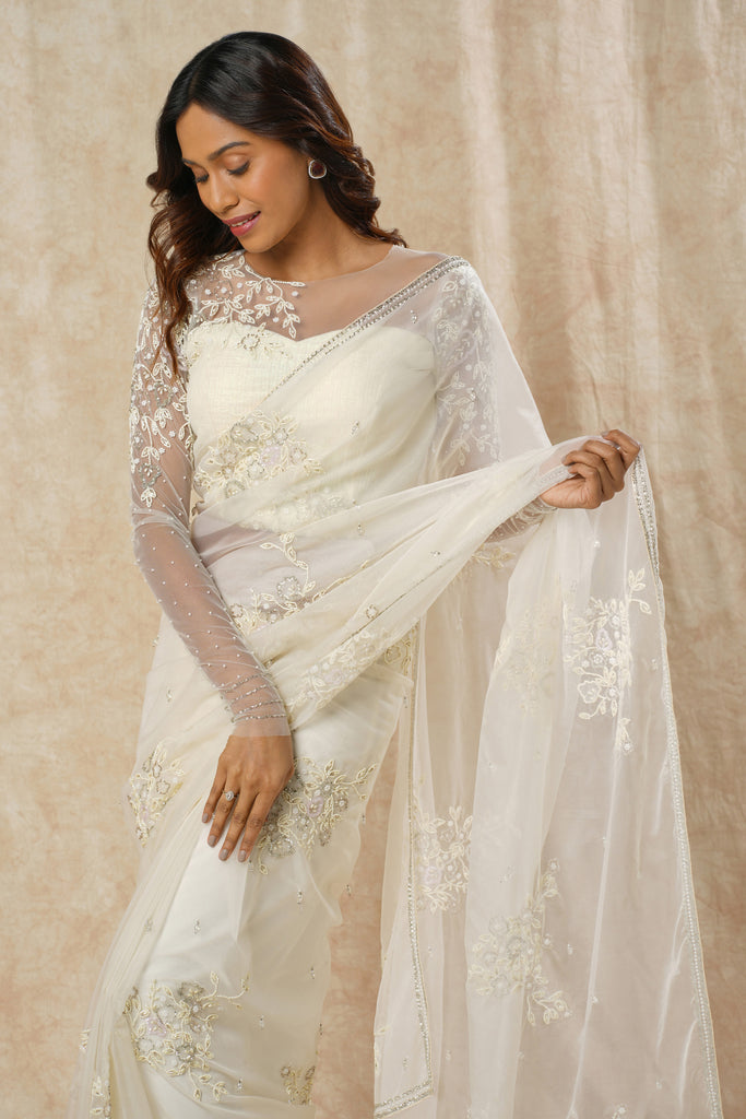 Off-White Net Saree with Leaf & Flower Detailing