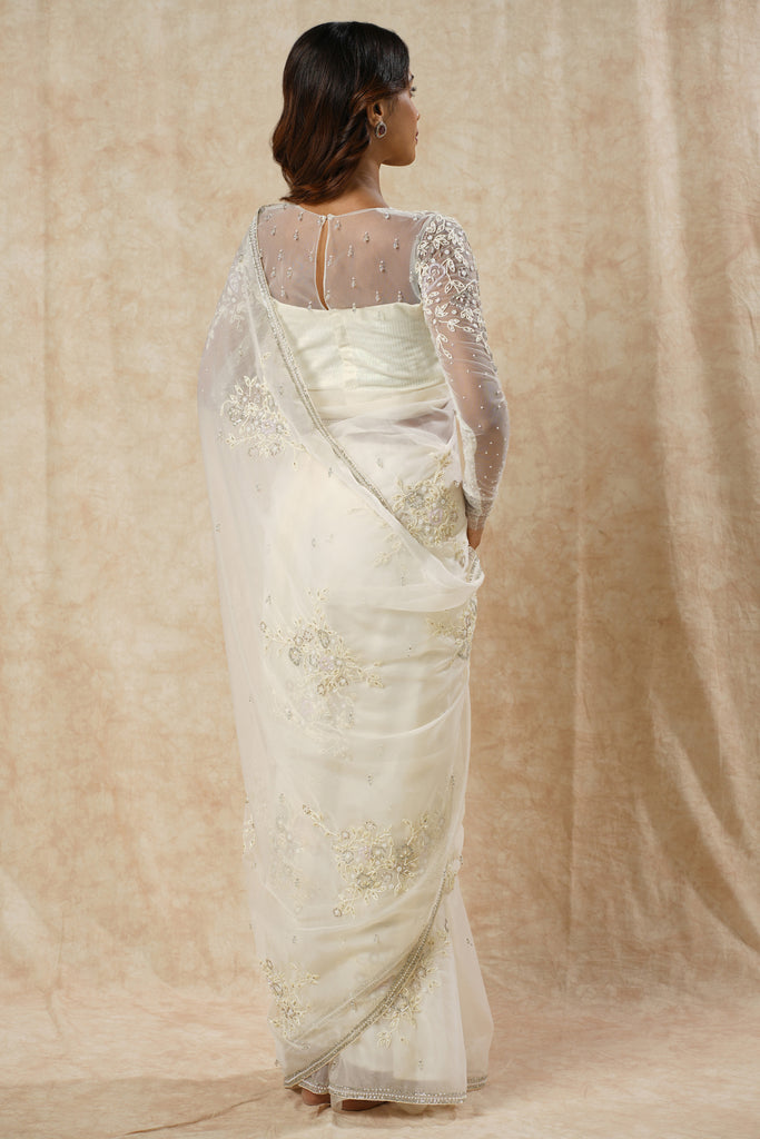 Off-White Net Saree with Leaf & Flower Detailing