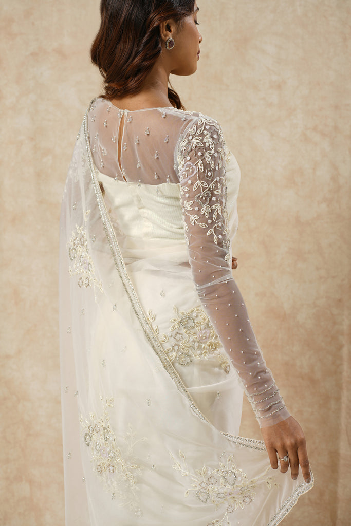 Off-White Net Saree with Leaf & Flower Detailing
