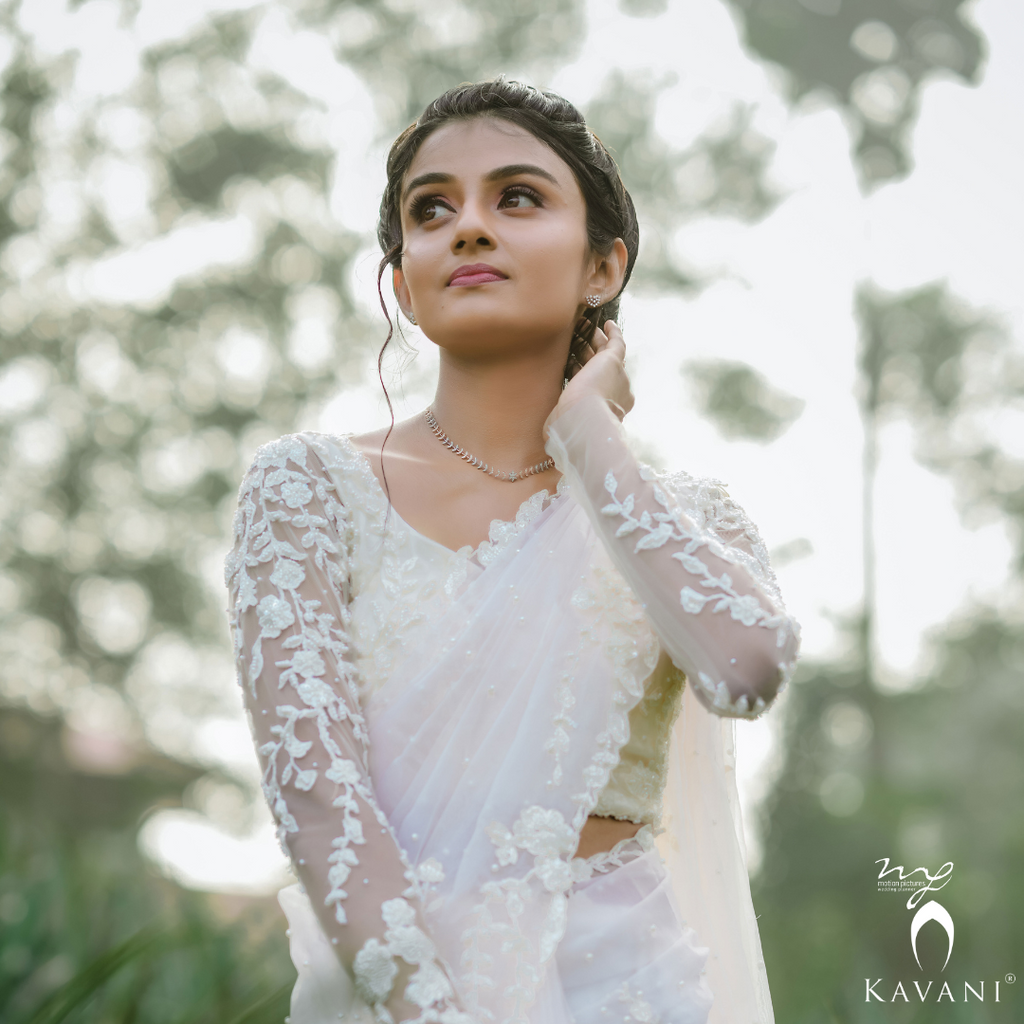 Signature bridal saree in white organza with embellished lace fabric