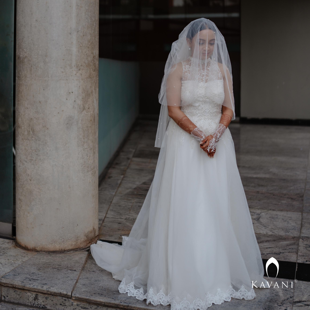 Our bride in stunning looking bridal aline outfit with beautiful alter neck design with stunning lace embroidery
