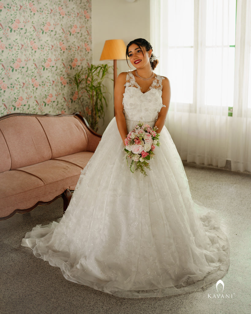 Beautiful white aline bridal gown with 3D lace embroidery