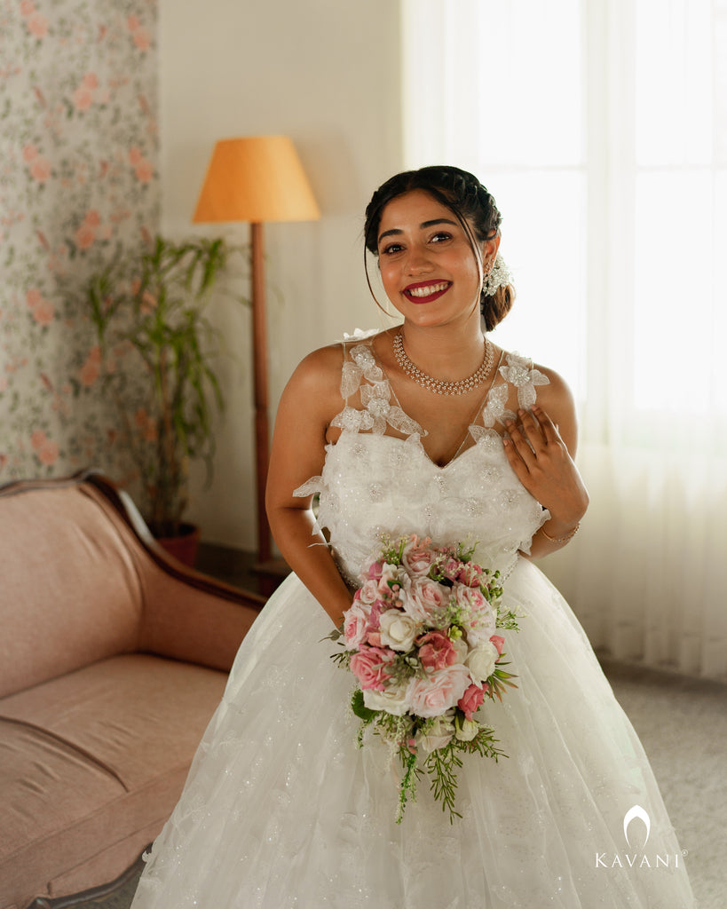 Beautiful white aline bridal gown with 3D lace embroidery