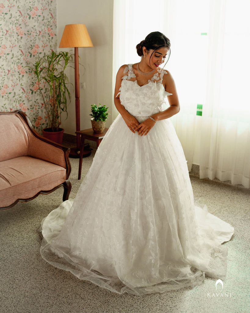 Beautiful white aline bridal gown with 3D lace embroidery