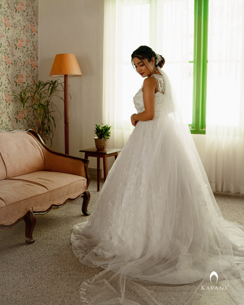 Beautiful white aline bridal gown with 3D lace embroidery