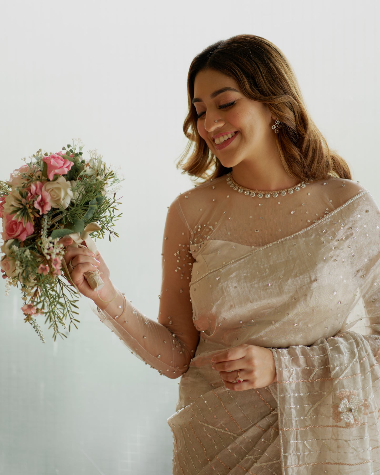 Beautiful  bridal tissue saree  blend of rhinestones   with emblished 3Dwork
