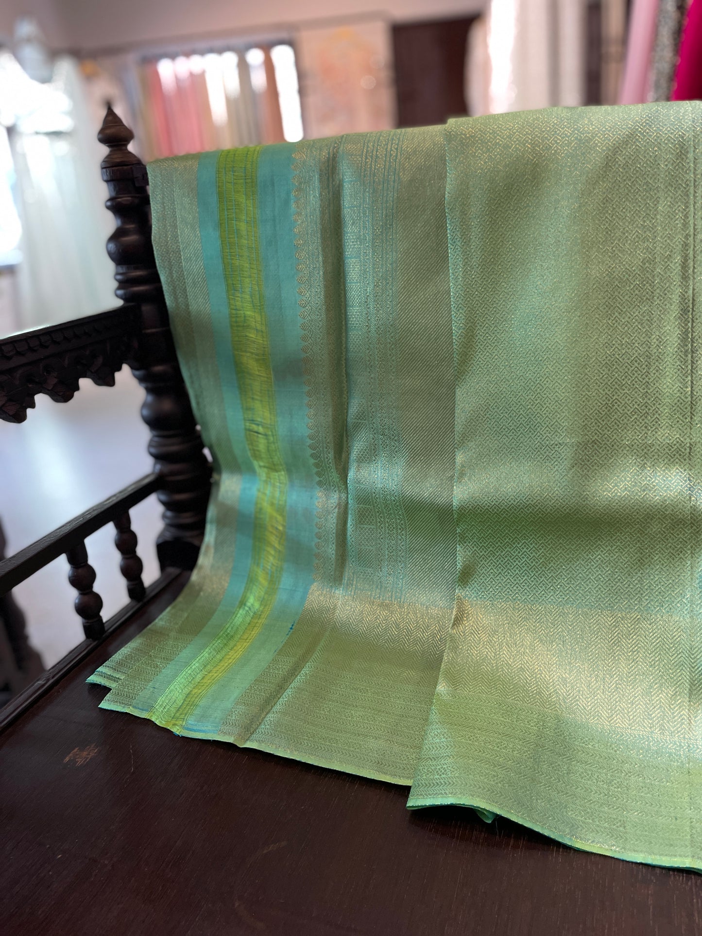 Signature bridal kanjivaram saree in Pastel Mint Green With Jeri fully Woven