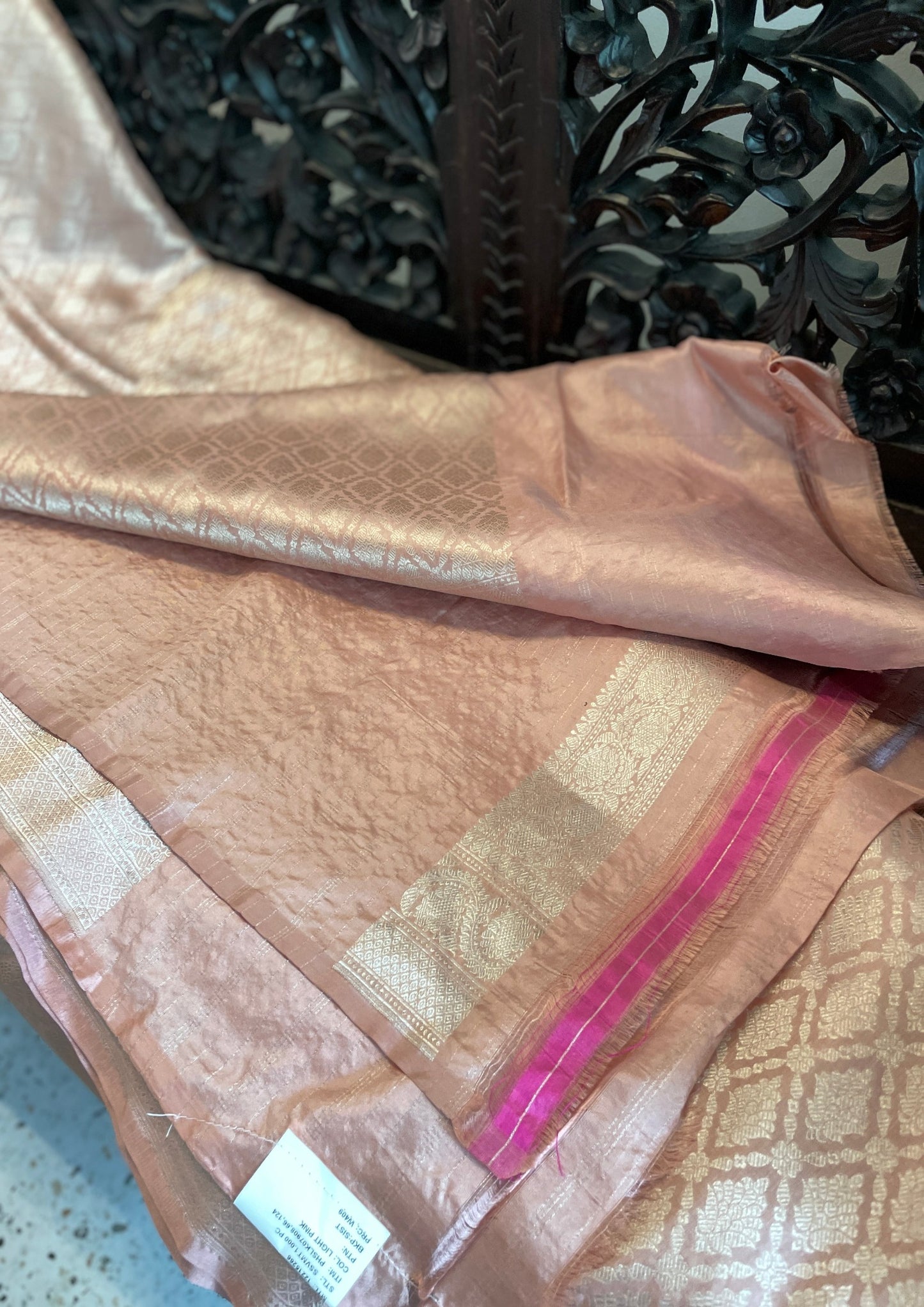 signature bridal banarasi saree in peach-pink golden Jeri Woven