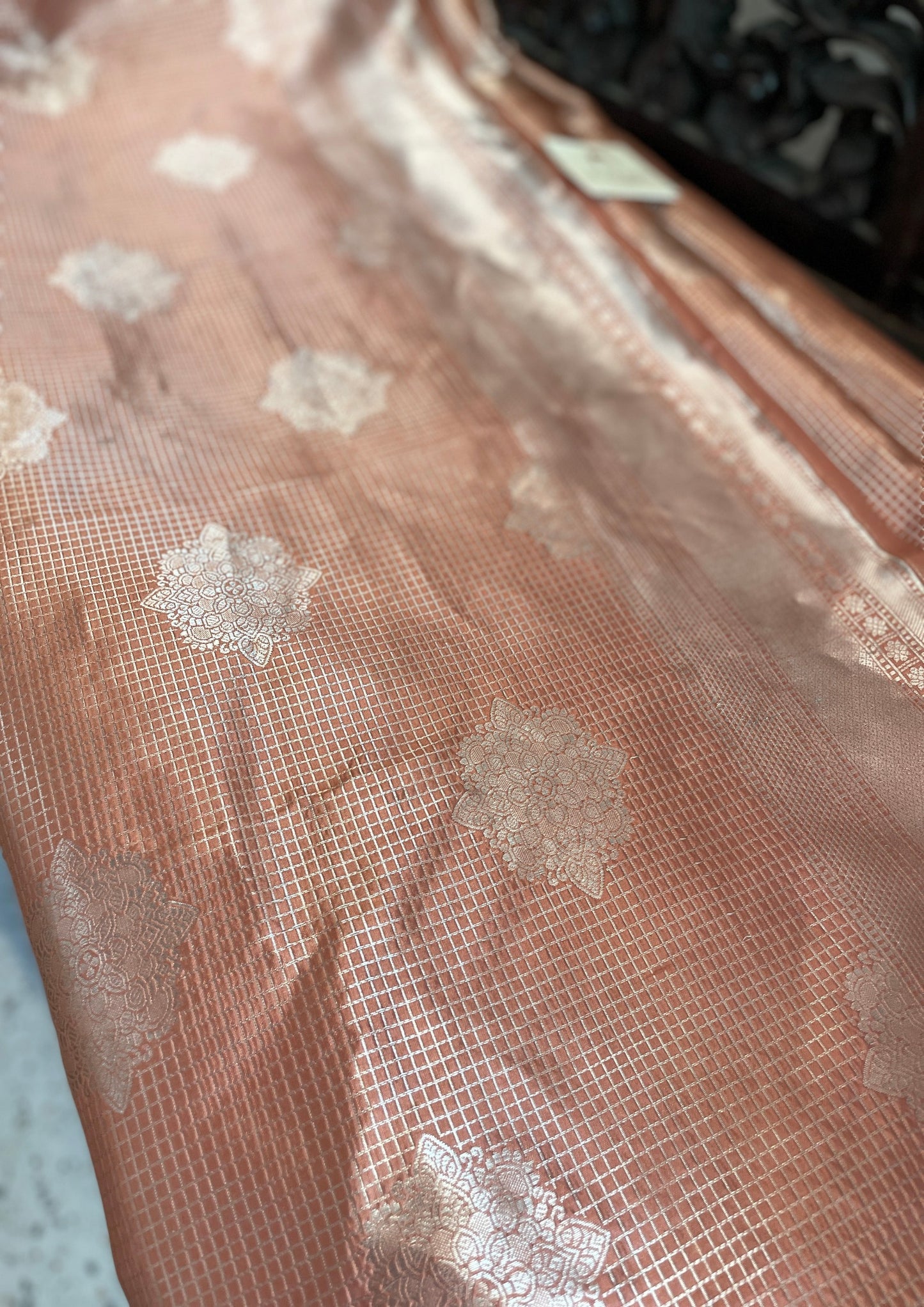 Signature bridal banarasi saree in peach tone Intricately Jeri Woven in checks
