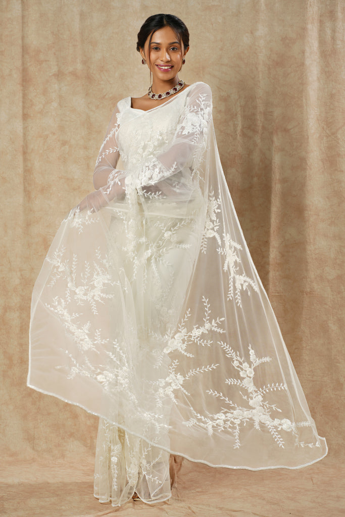 White Net Saree with Floral & Leaf Embroidery