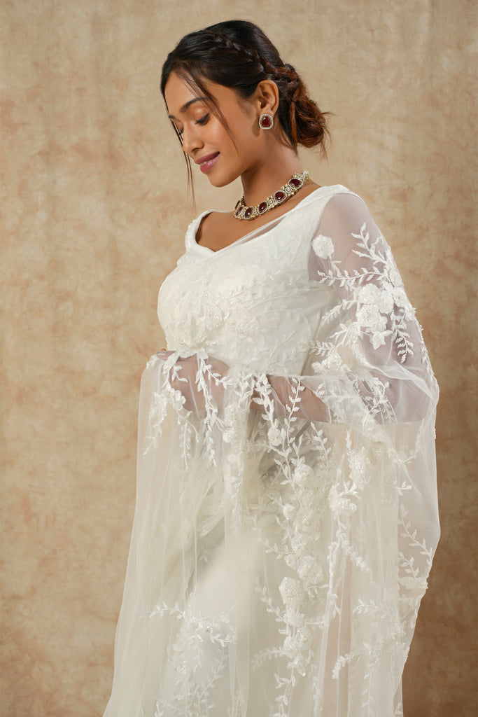 White Net Saree with Floral & Leaf Embroidery