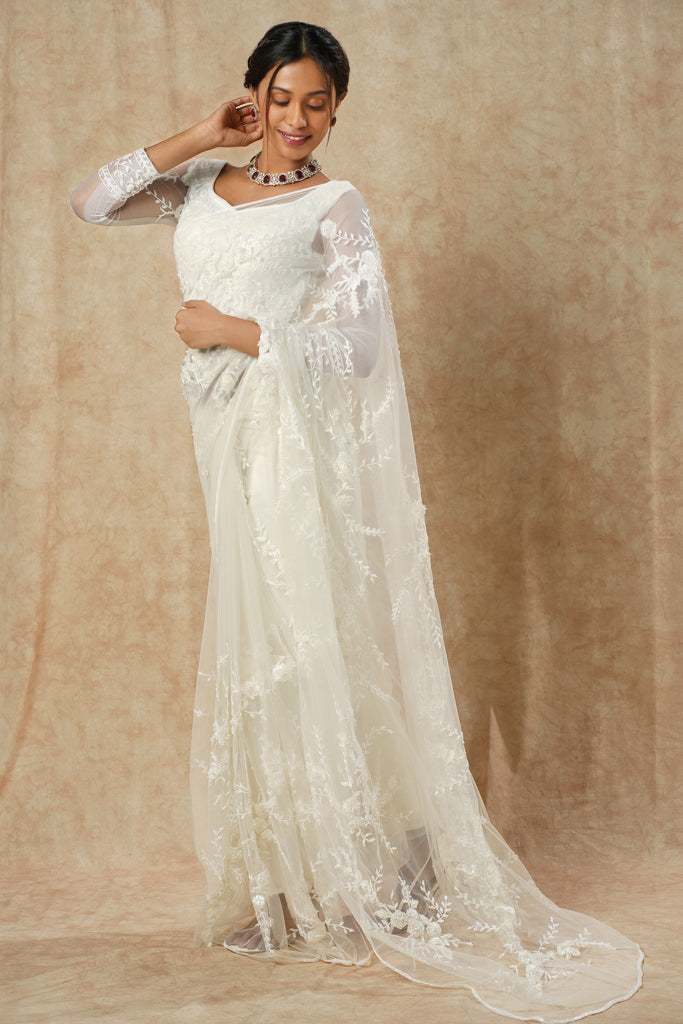 White Net Saree with Floral & Leaf Embroidery