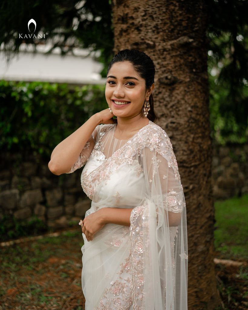 Our signature design white bridal saree with beautiful hand embroidery