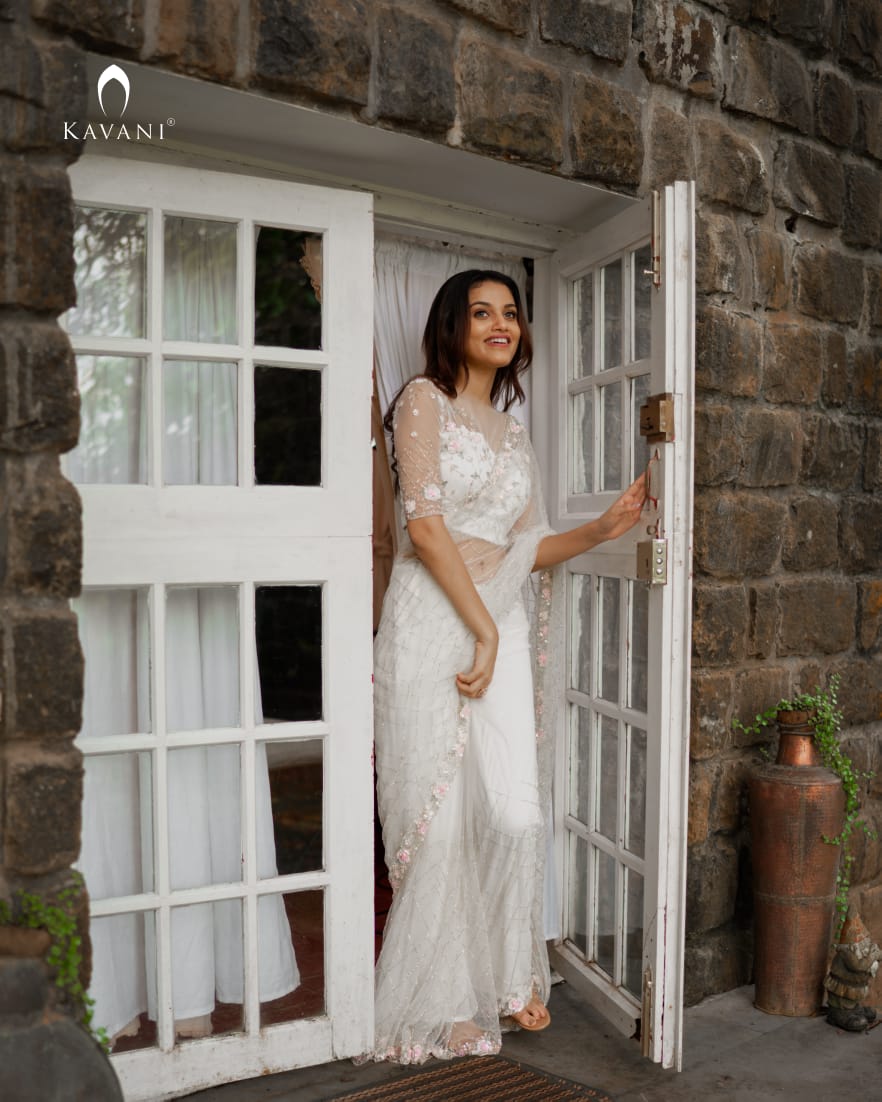 Our signature designer white bridal saree with beautiful hand embroidery