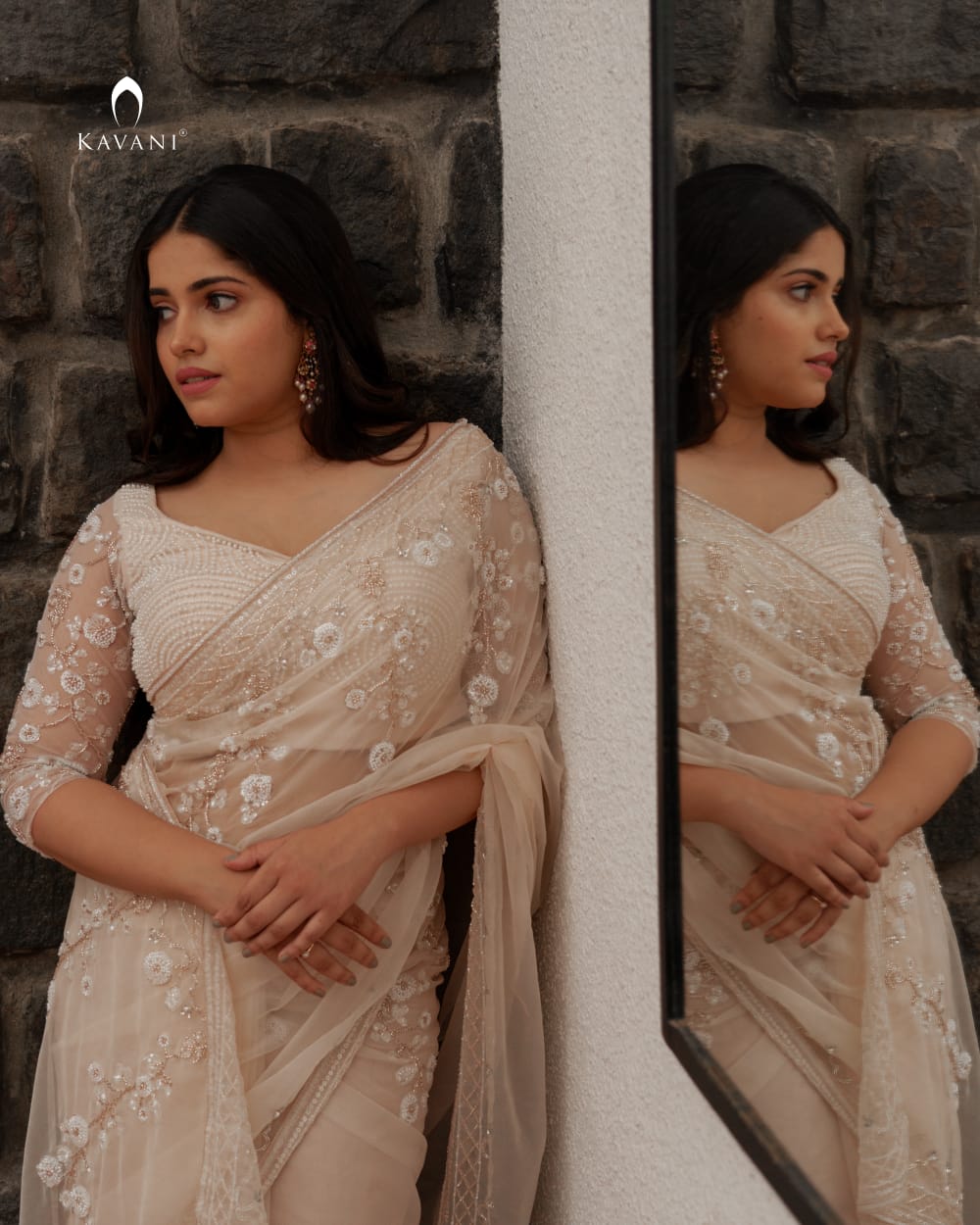 Our signature designer bridal saree with beautiful hand embroidery and a beaded worked blouse