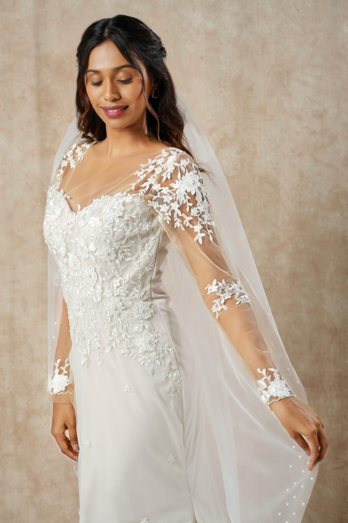 Embroidered Mermaid Gown with Floral Lace Appliqué, Full Sleeves & Long Trail