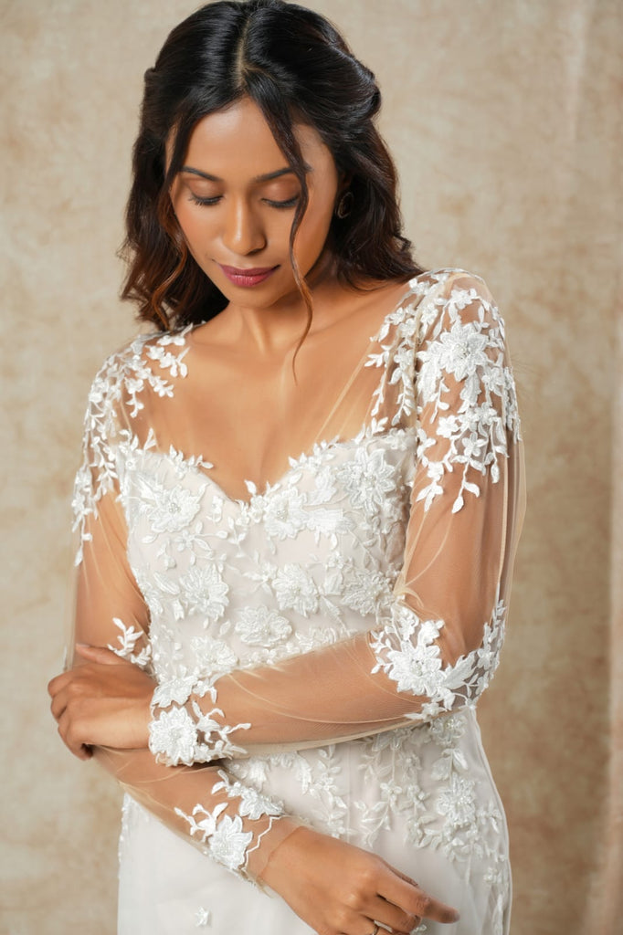 Embroidered Mermaid Gown with Floral Lace Appliqué, Full Sleeves & Long Trail