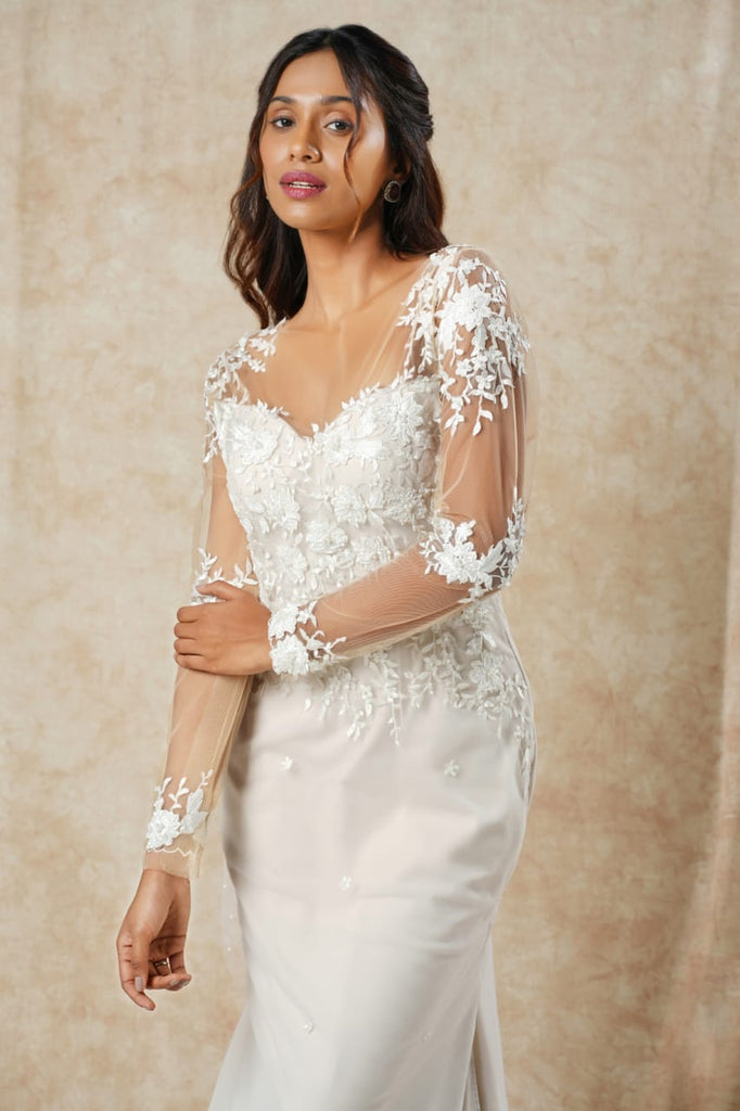 Embroidered Mermaid Gown with Floral Lace Appliqué, Full Sleeves & Long Trail