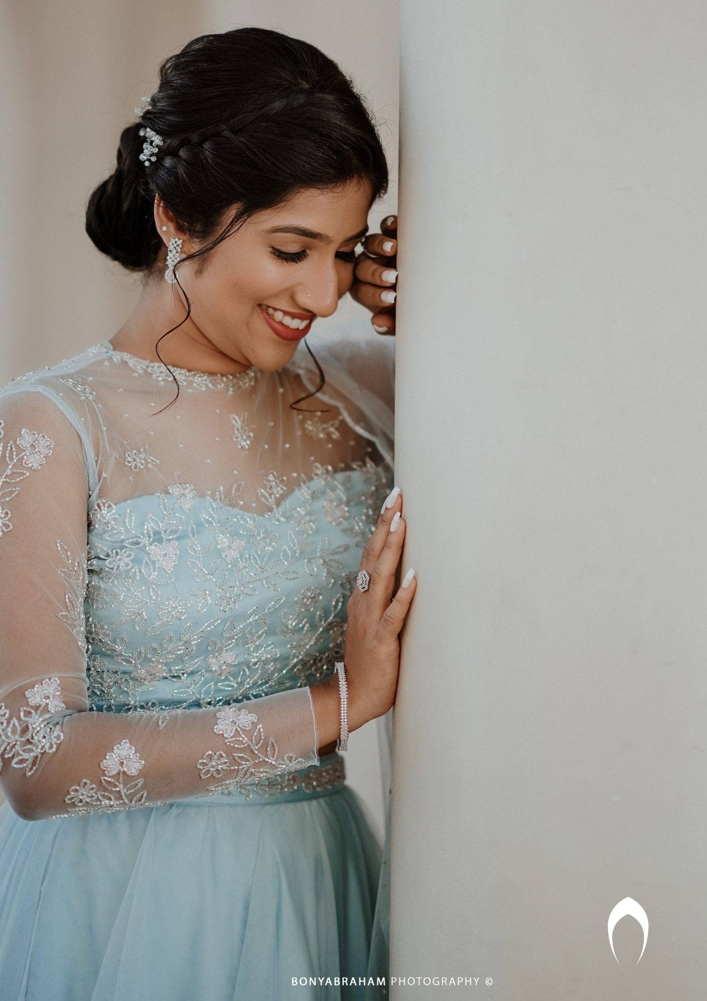 Signature bridal hand-embroidered powder blue lehenga in net