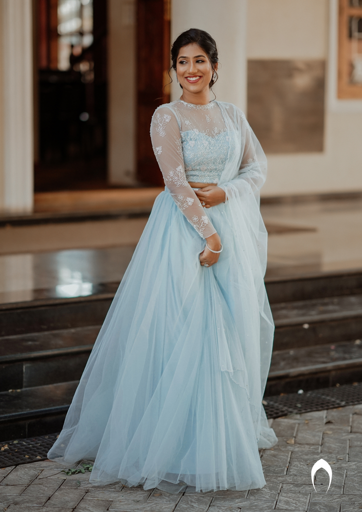 Signature bridal hand-embroidered powder blue lehenga in net