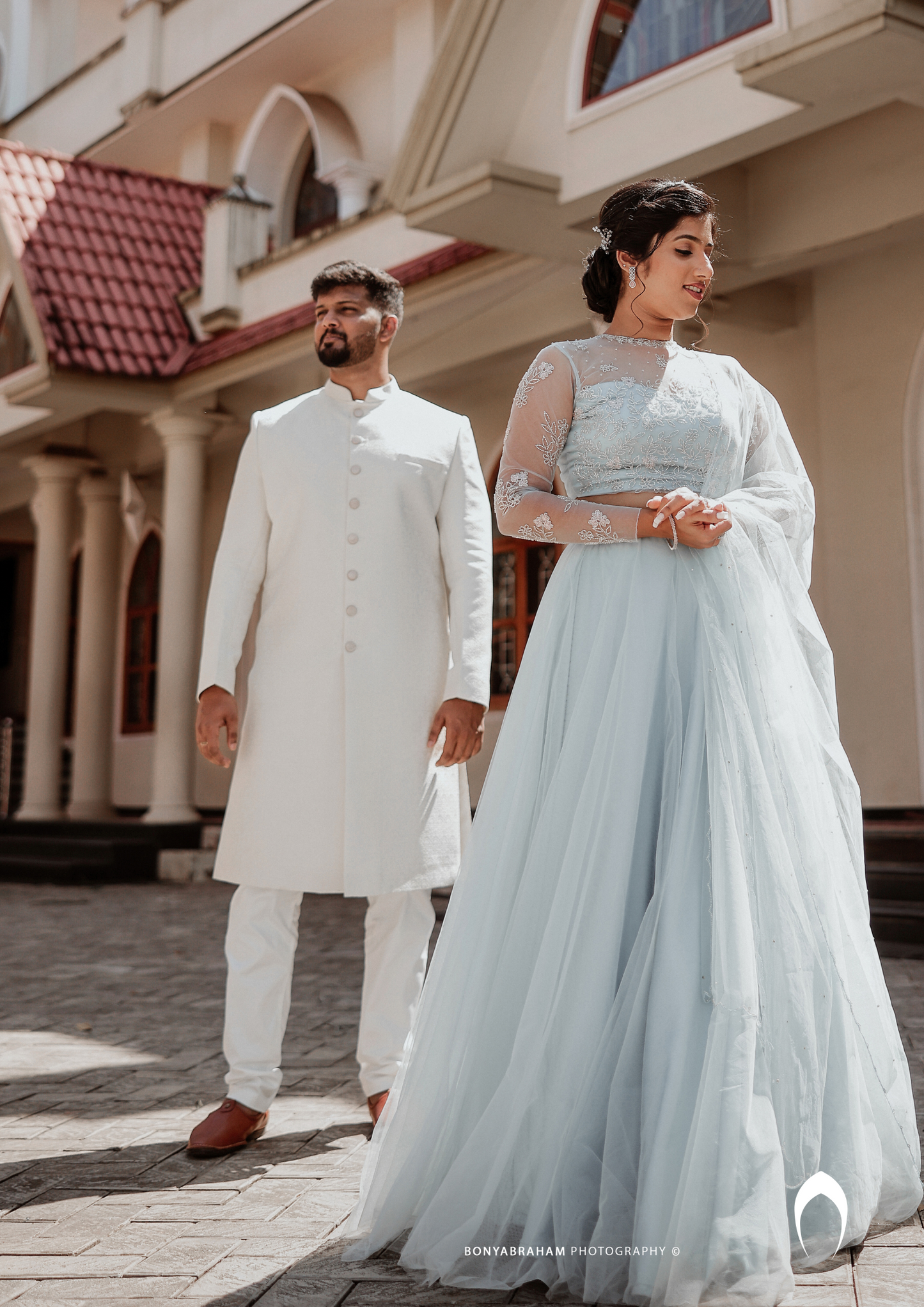 Signature bridal hand-embroidered powder blue lehenga in net