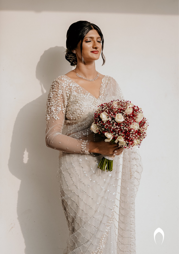 Signature Christian bridal intricate hand embroidered grey saree in net