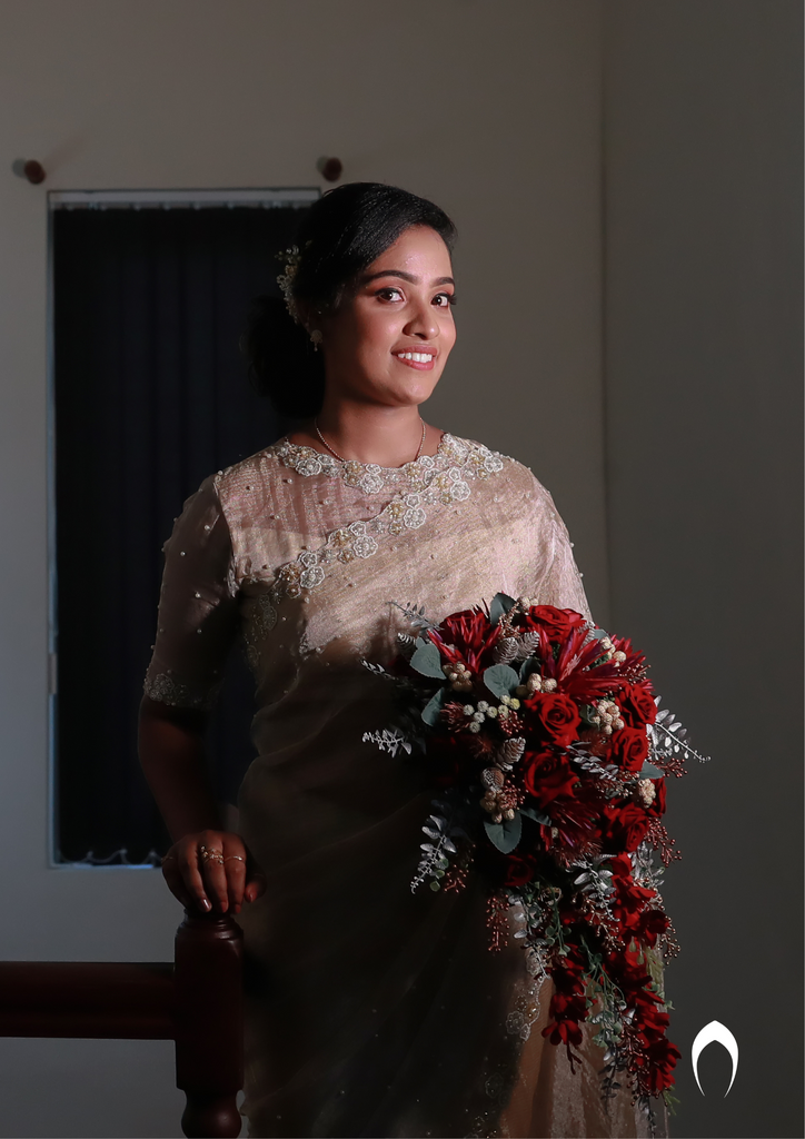 Signature Christian bridal saree in tissue fabric with floral hand embroidery