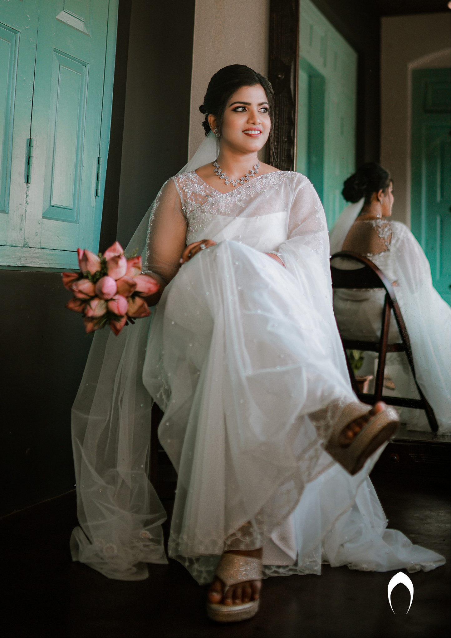 signature Christian bridal floral hand embroidered organza saree with elegant border work