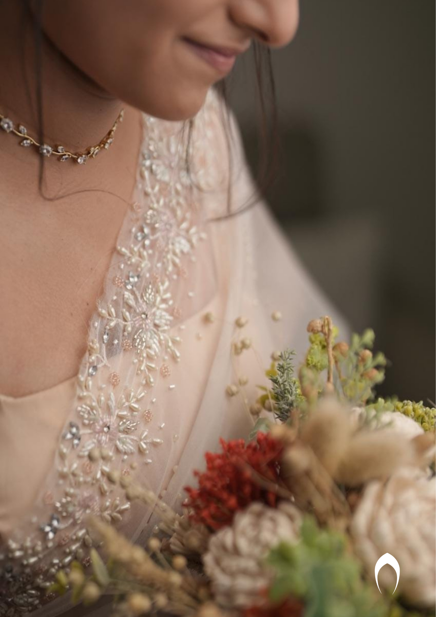 Signature Christian bridal saree in organza with floral hand embroidery