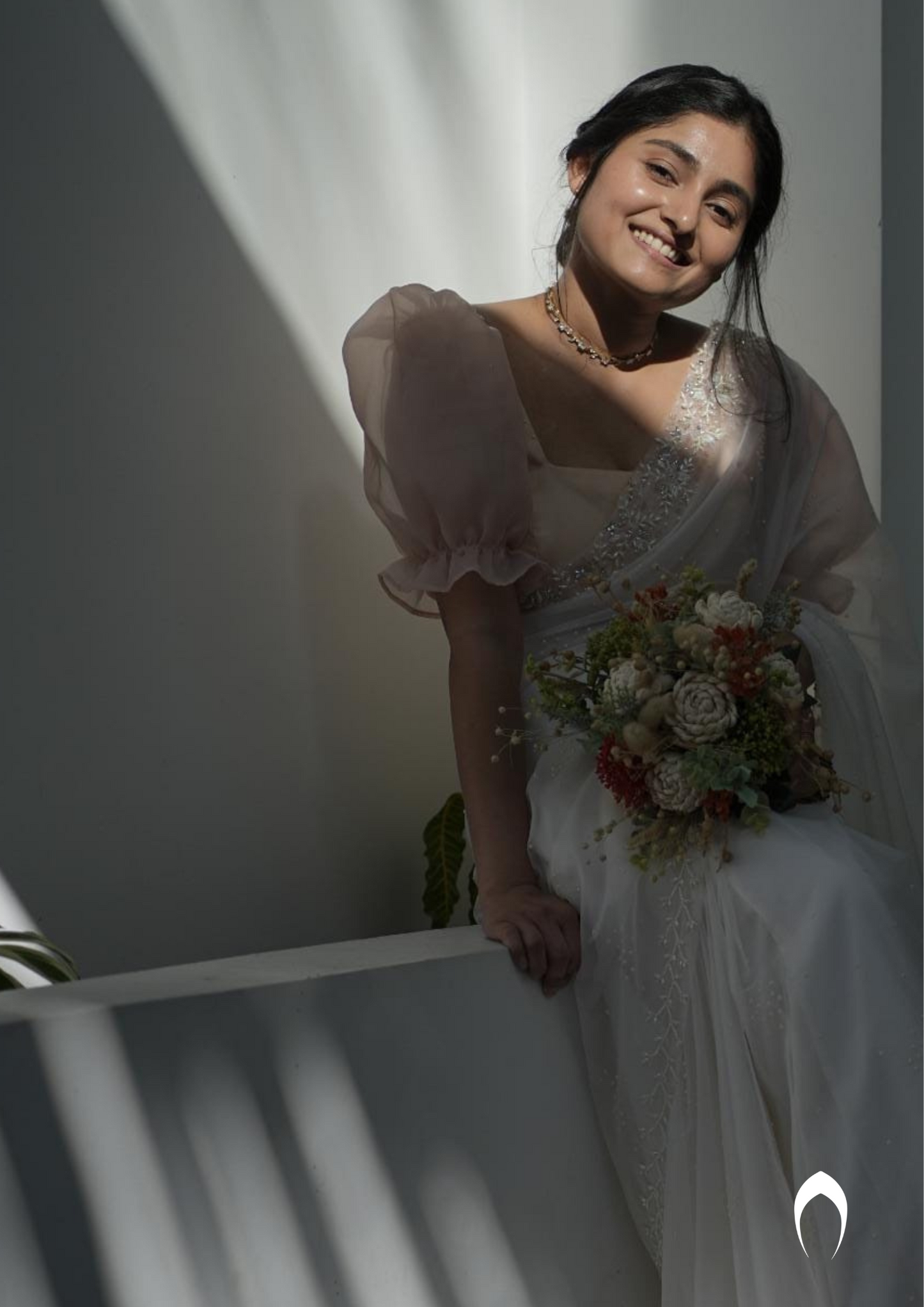 Signature Christian bridal saree in organza with floral hand embroidery