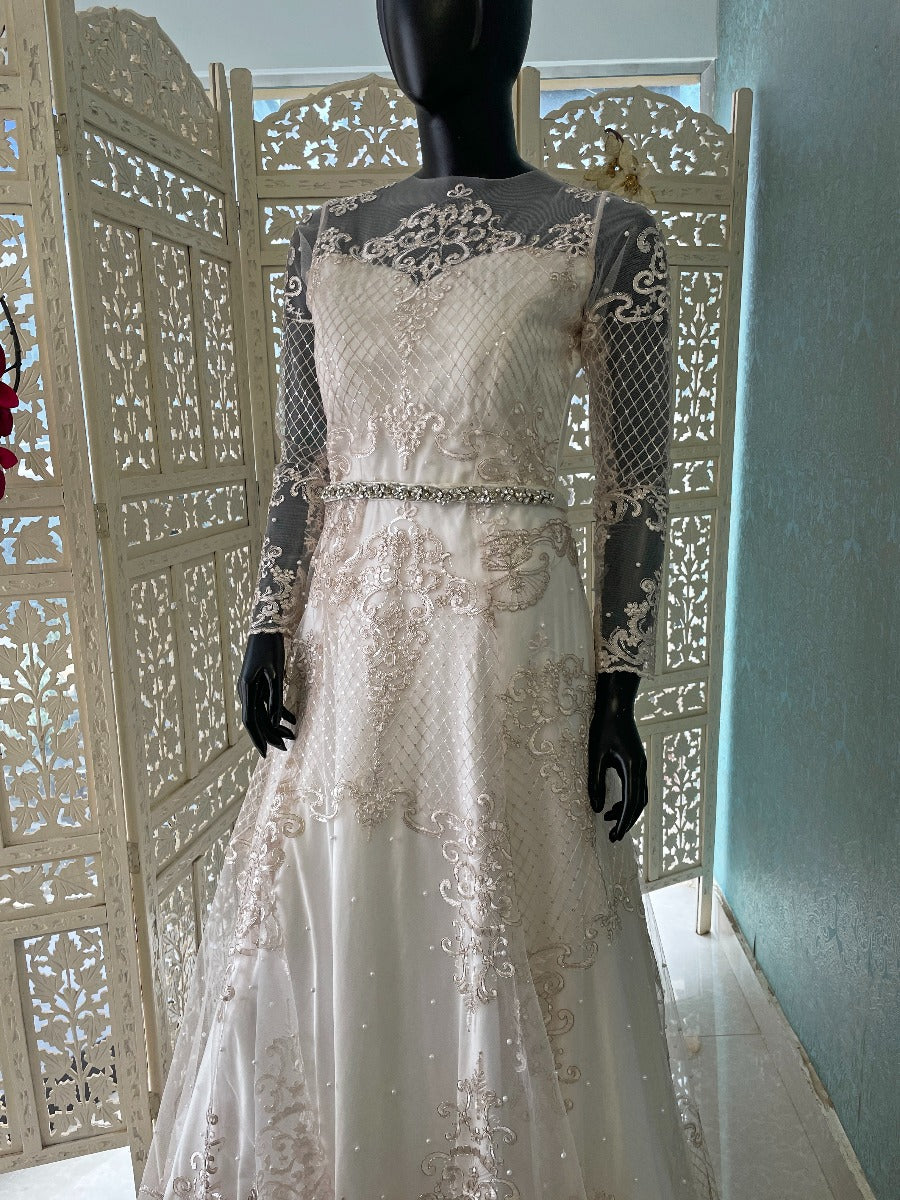 Signature Christian bridal A-Line Flared Gown In Net With Close Neck