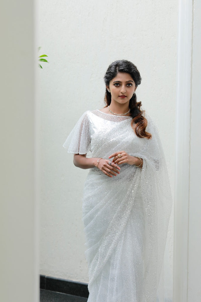 Signature Christian bridal Heavily Embellished Saree In Pearl White