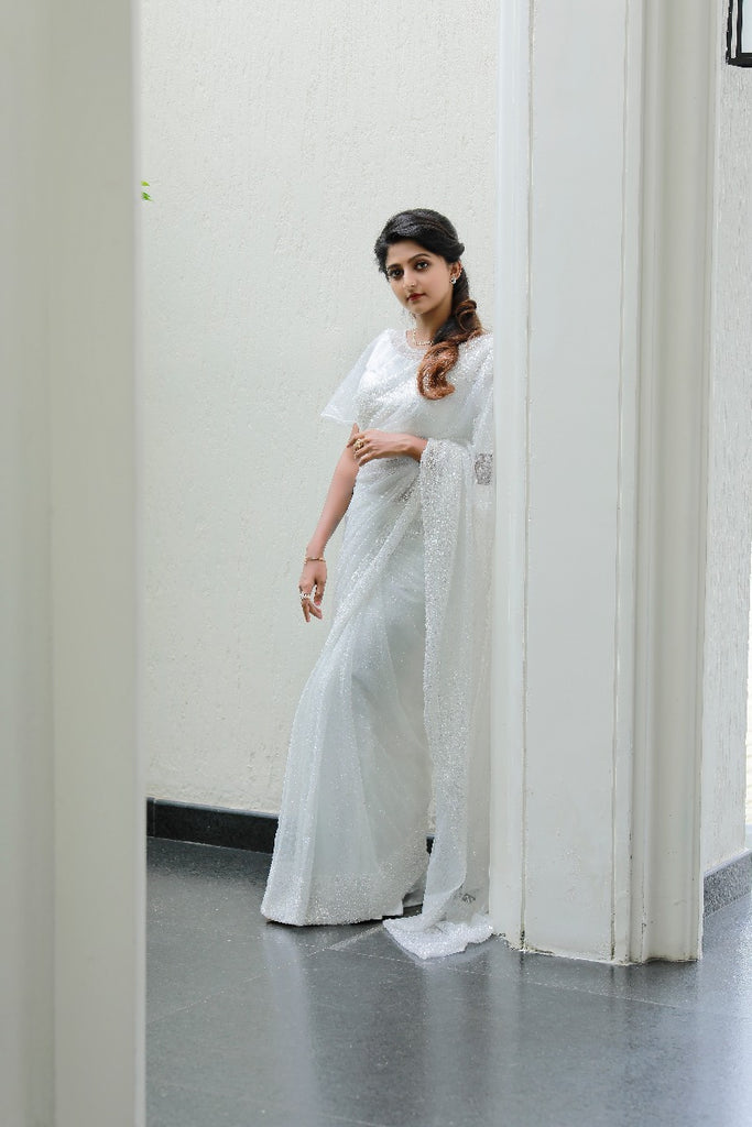 Signature Christian bridal Heavily Embellished Saree In Pearl White
