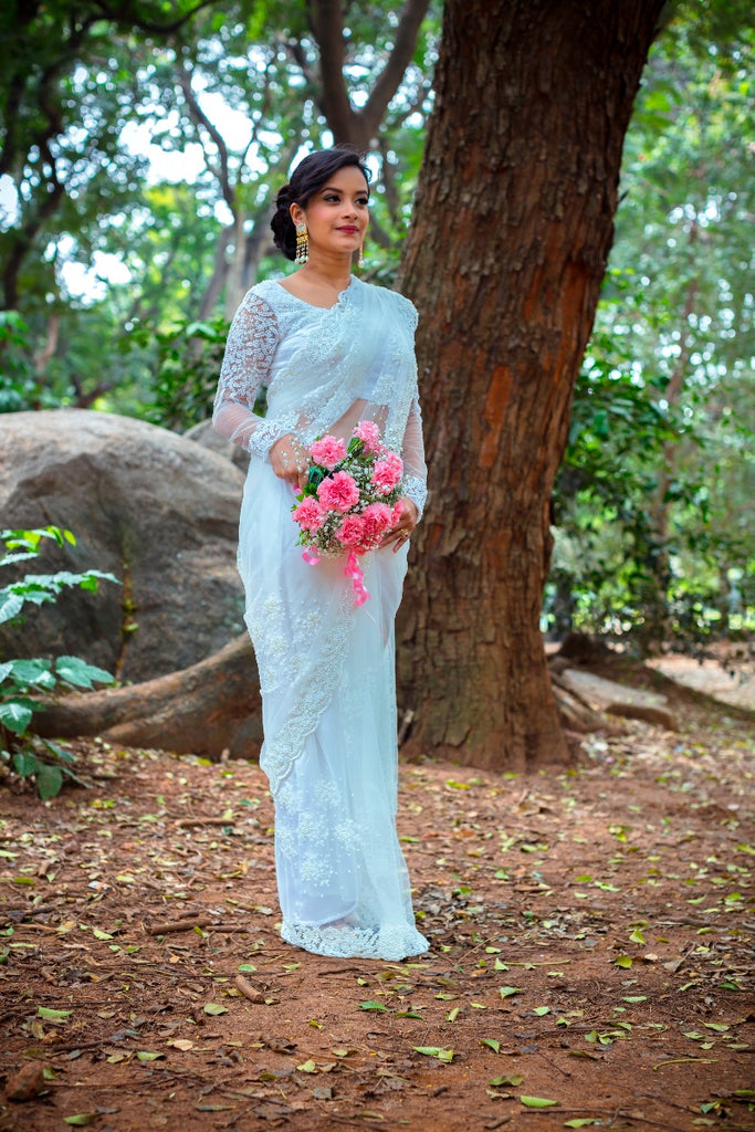 Signature Christian Bridal net saree with with floral embellishments