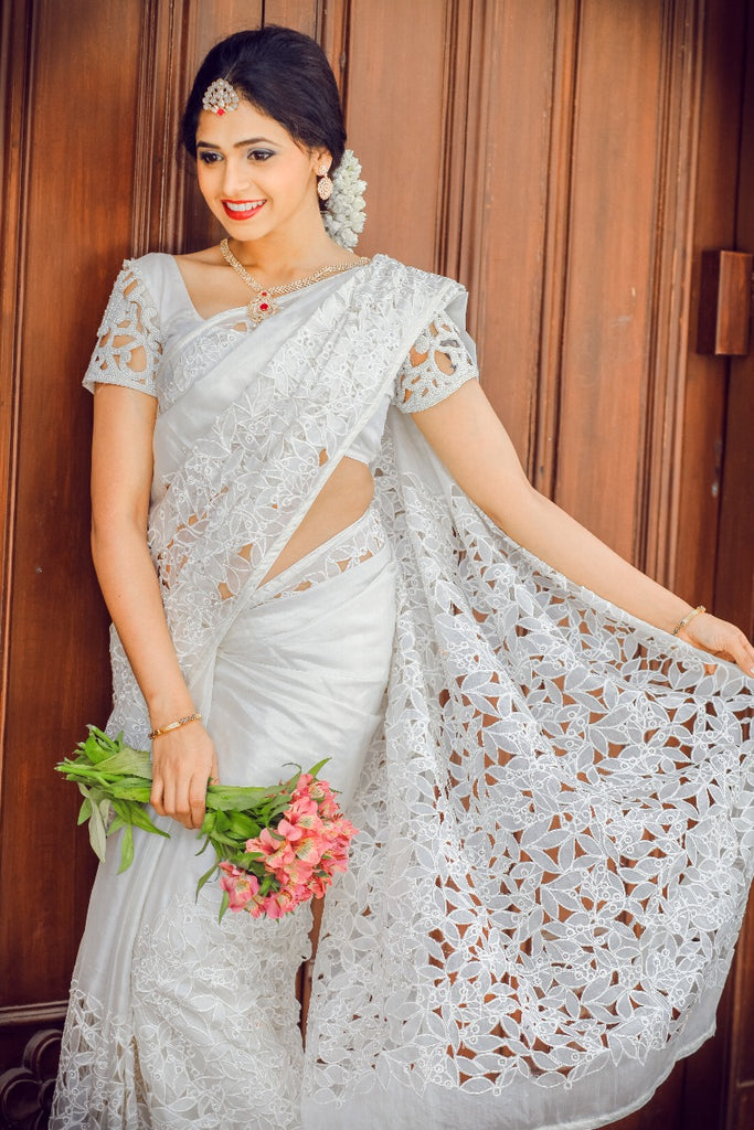 Signature Christian bridal handcurated Cutwork pure silk Saree
