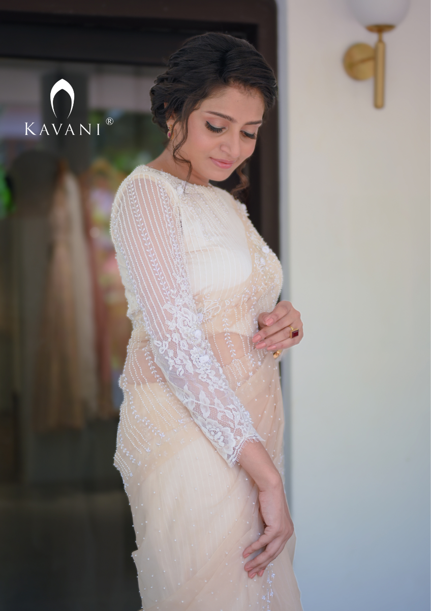 Signature Christian bridal Hand-Embroidered Organza Saree In Mild Blonde Shade
